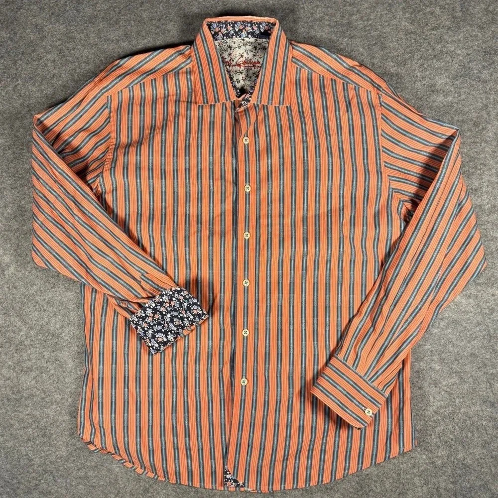 Robert Graham Mens XL Orange Blue Striped Long Sleeve Button Down Floral Trim